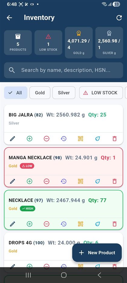 JewelAxis mobile app inventory screen