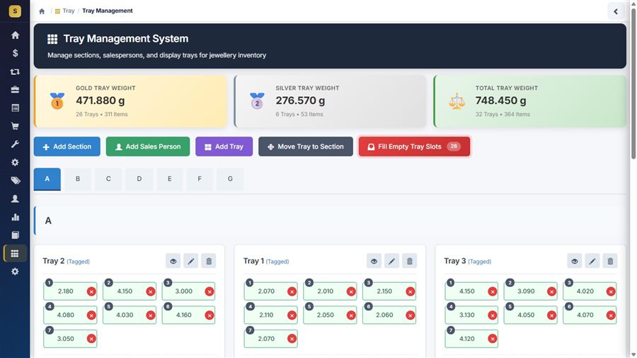 JewelAxis tray management system showing gold and silver tray weights